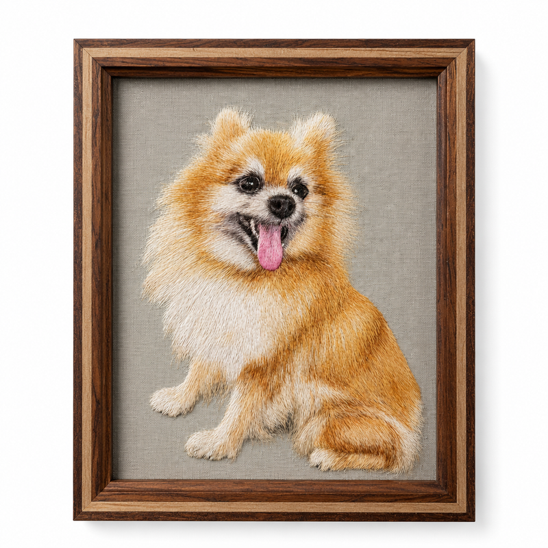 Classic Hand-Embroidered Pet Portrait — 10" Silk Art, 40,000 Stitches | Suxiu Studio